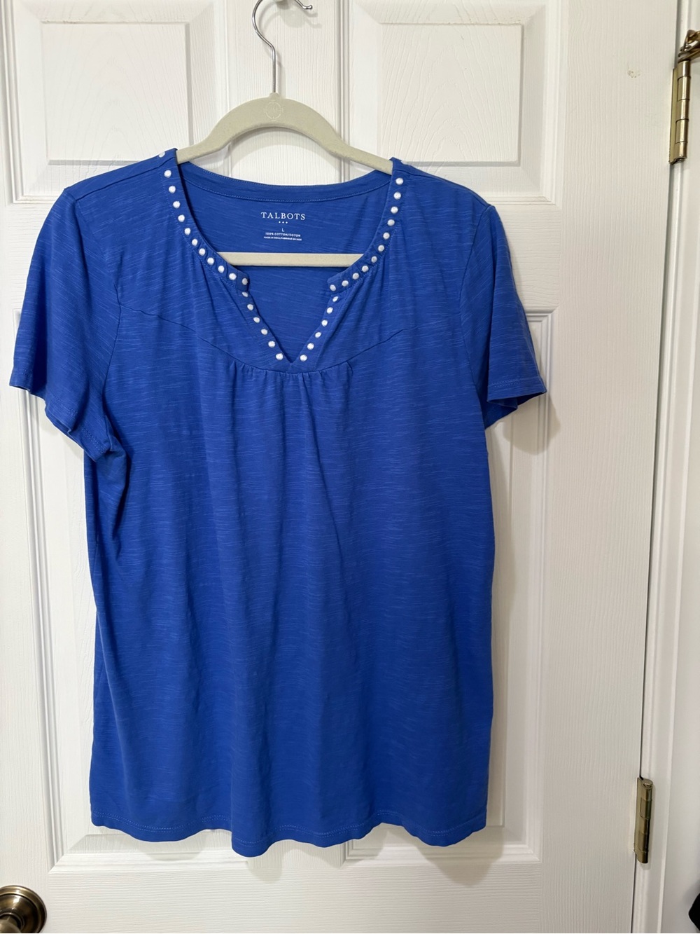 Talbots Royal Blue Short Sleeve V-Neck Top with Pearl Studs